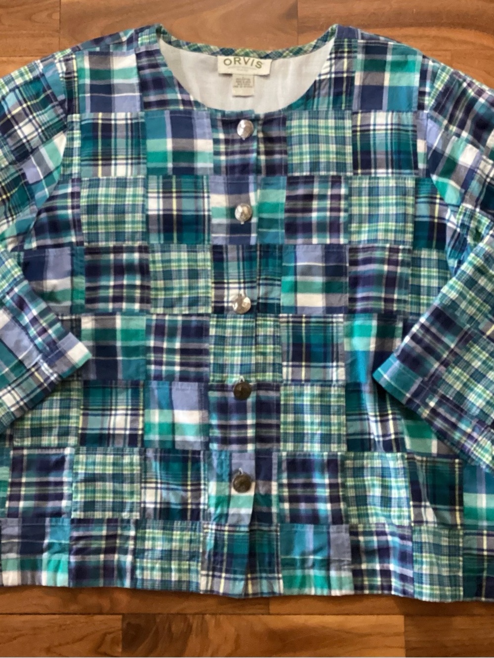 Vintage Orvis Blue Patchwork Plaid Button-Down Jacket